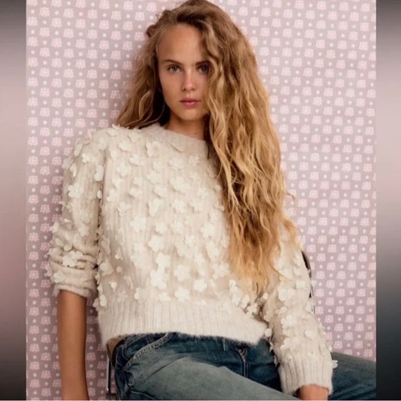 Zara Beige Floral Textured Women's Sweater - Picture 2 of 3